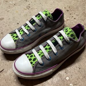Converse All Star Shoes Gray Neon Animal Print Double Tongue Junior Size 3